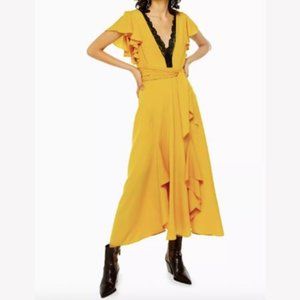 Topshop Mustard Ruffle & Lace Dress